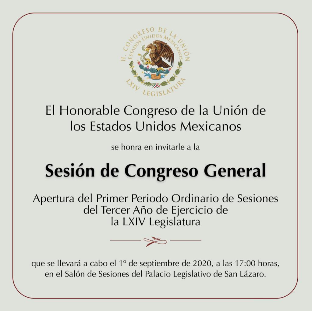 Dan a conocer hora y sitio de la apertura del Periodo Ordinario de Sesiones en el Congreso - lxiv-legislatura-invitacion-primer-periodo-ordinario-2020