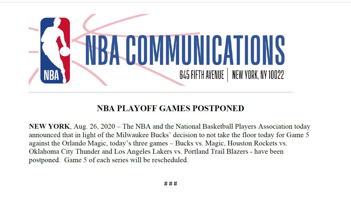 No se jugarán playoffs de la NBA en protesta por nuevo caso de brutalidad policial - nba-comunicado-bucks