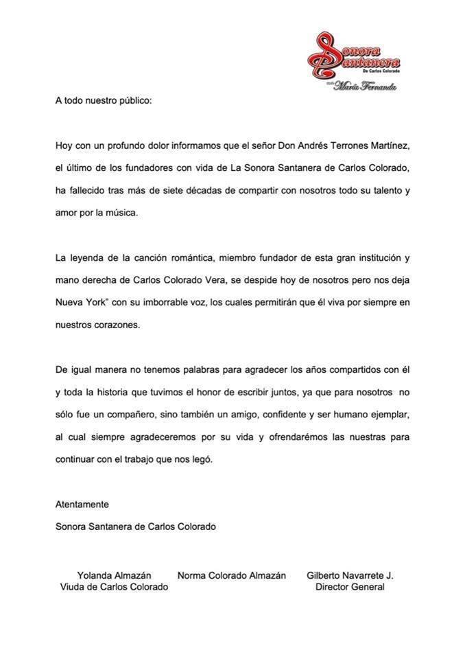 Murió a los 87 años Andrés Terrones, miembro fundador de La Sonora Santanera - sonora-santanera-com