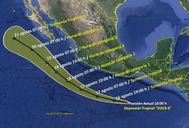 Depresión tropical 'Doce-E' ocasionará fuertes lluvias en Guerrero, Oaxaca y Chiapas - trayectoria-de-la-depresion-tropical-doce-e