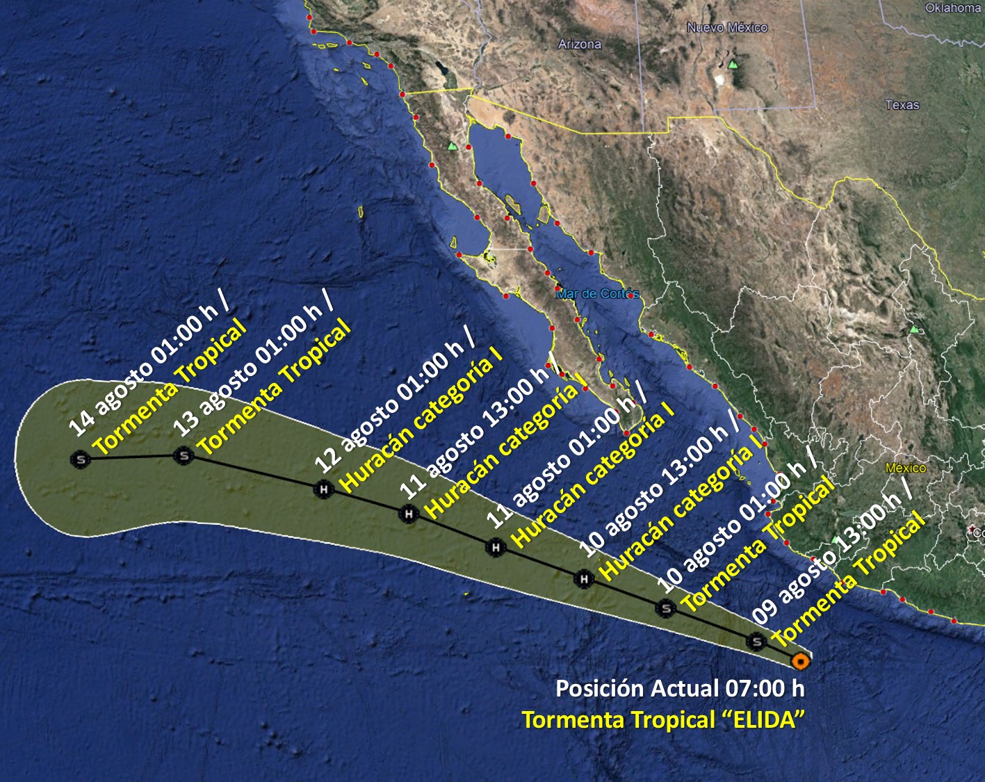 Tormenta tropical 'Elida' ocasionará fuertes lluvias en Guerrero y Jalisco - trayectoria-de-la-tormenta-tropical-elida