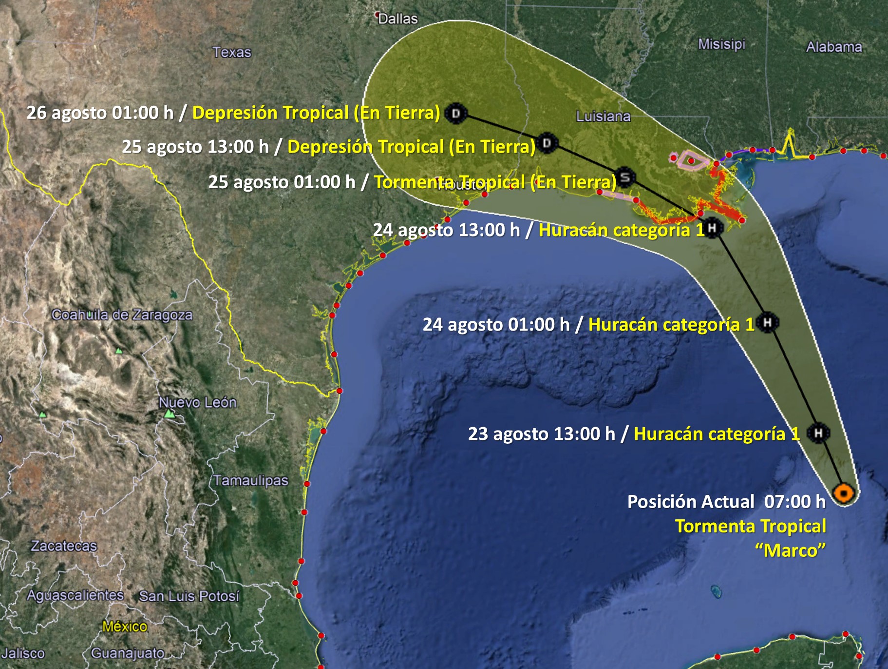 Marco se fortalecería a huracán categoría I este domingo; continuarán lluvias en Yucatán y Quintana Roo - trayectoria-de-marco