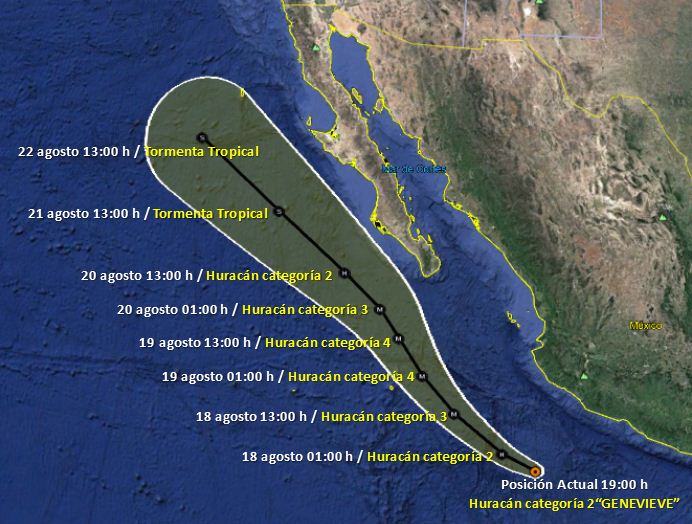 Genevieve ya es huracán categoría 2; lluvias azotarán Nayarit, Jalisco y Colima - trayectoria-genevive