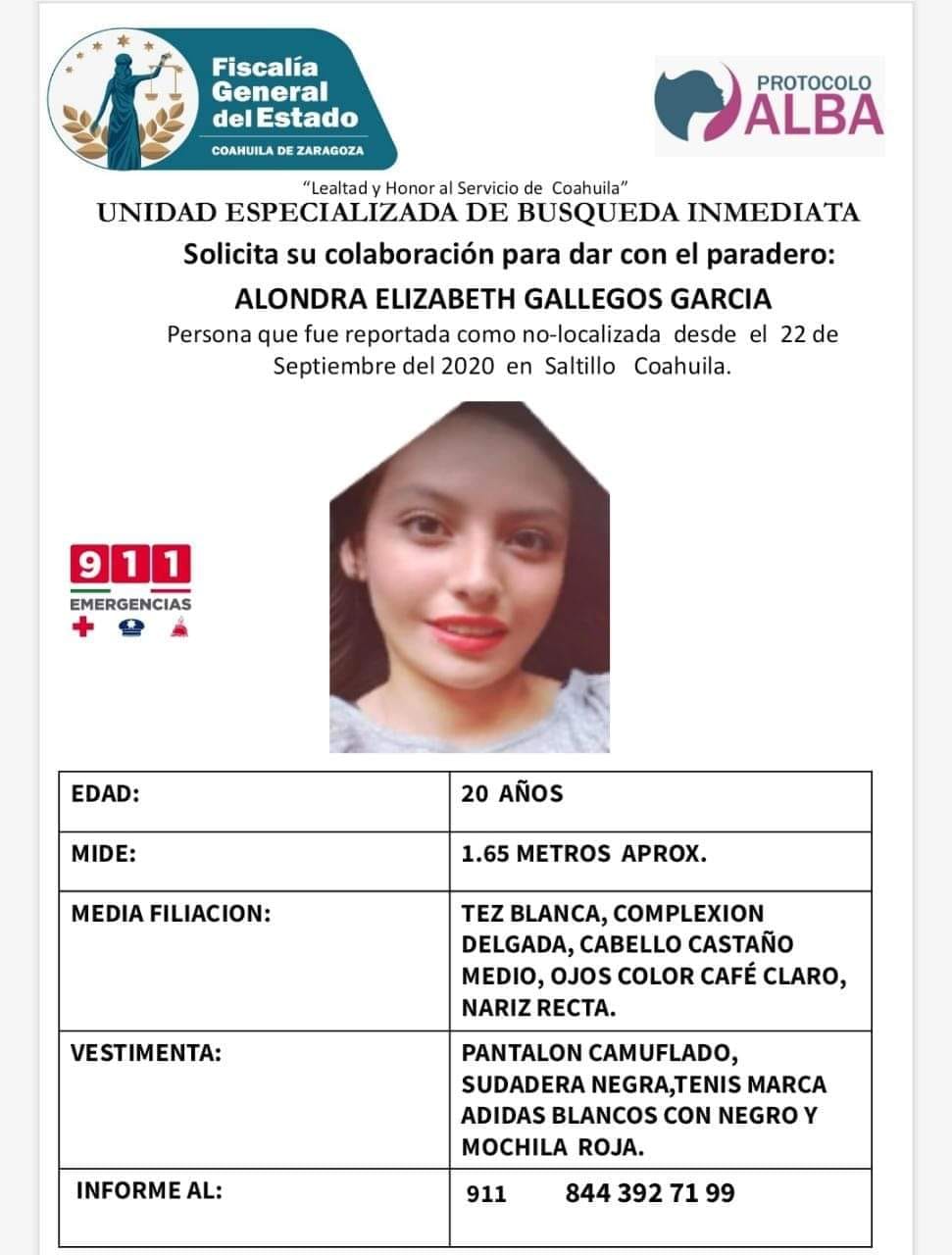 Hallan muerta a joven reportada como desaparecida en Coahuila - alerta-alba-de-alondra-gallegos