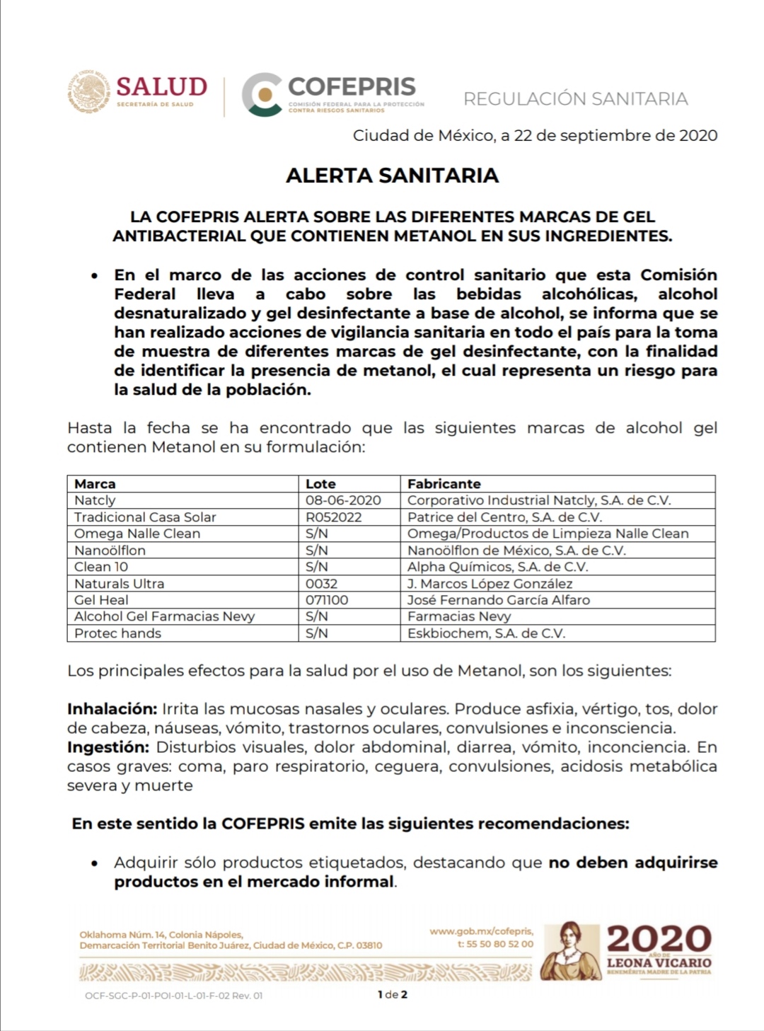 Emite Cofepris alerta sanitaria por geles antibacteriales con metanol - alerta-sanitaria-gel-antibacterial