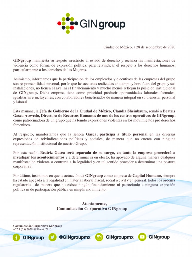 GIN Group separa de su cargo a Beatriz Gasca, señalada por Sheinbaum de financiar toma de la CNDH - comunicados-beatriz-gasca