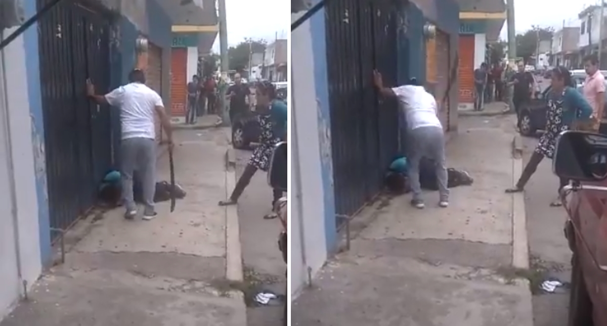 #Video Vecinos sorprenden a presunto criminal en Cuernavaca; lo golpean con machete