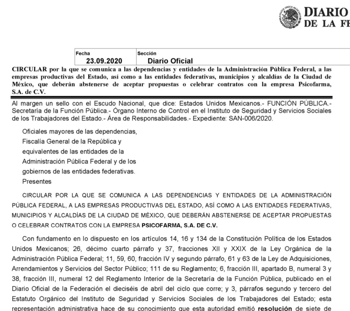 Secretaría de la Función Pública inhabilita a farmaceútica por 45 meses - psicofarma