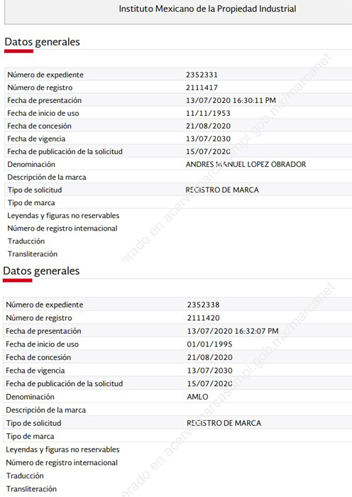 Otorga IMPI a López Obrador y Gutiérrez Müller registro de sus nombres como marcas - registro-ante-el-impi-como-marca-de-andres-manuel-lopez-obrador-y-amlo