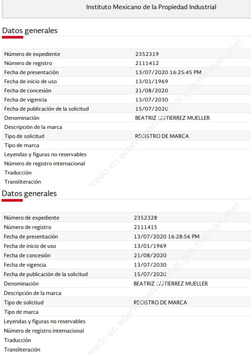 Otorga IMPI a López Obrador y Gutiérrez Müller registro de sus nombres como marcas - registro-ante-el-impi-como-marca-de-beatriz-gutierrez-mueller