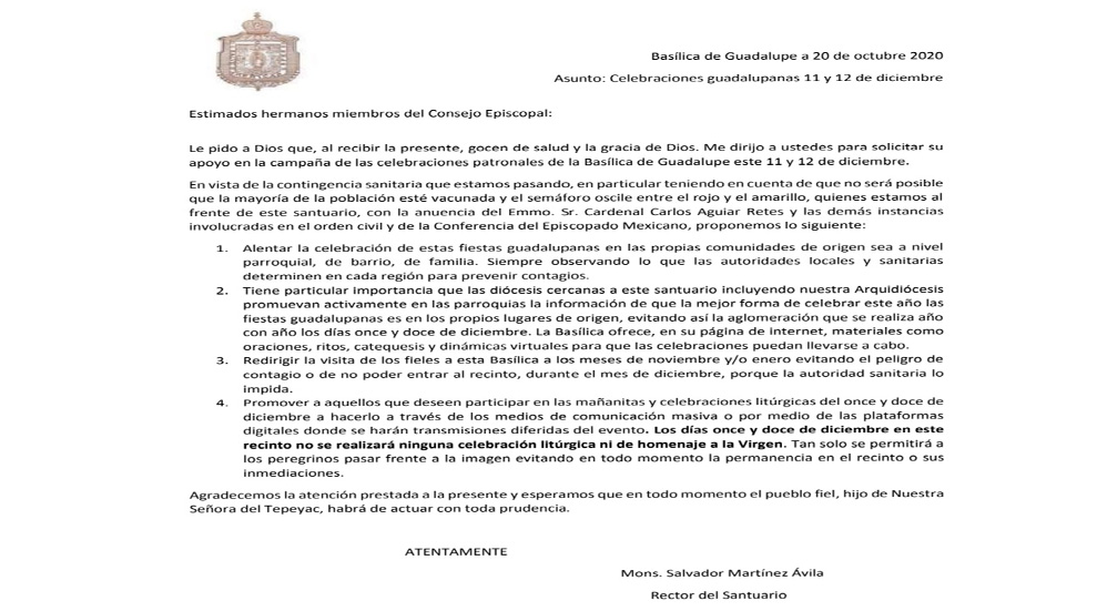 Cancelan celebraciones del 11 y 12 de diciembre en la Basílica de Guadalupe por COVID-19 - basilica