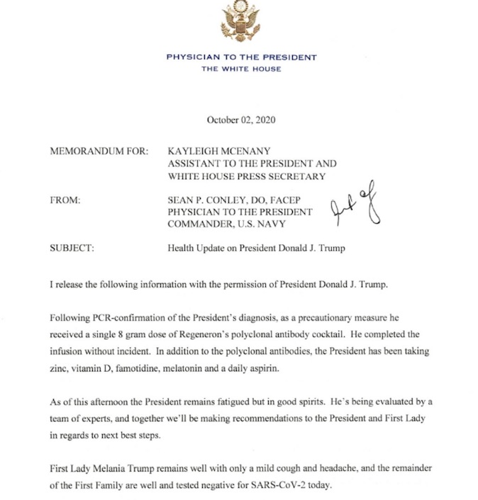 ¿Qué es el tratamiento experimental que recibió Donald Trump para el COVID-19? - carta-de-tratamiento-de-trump-covd-19