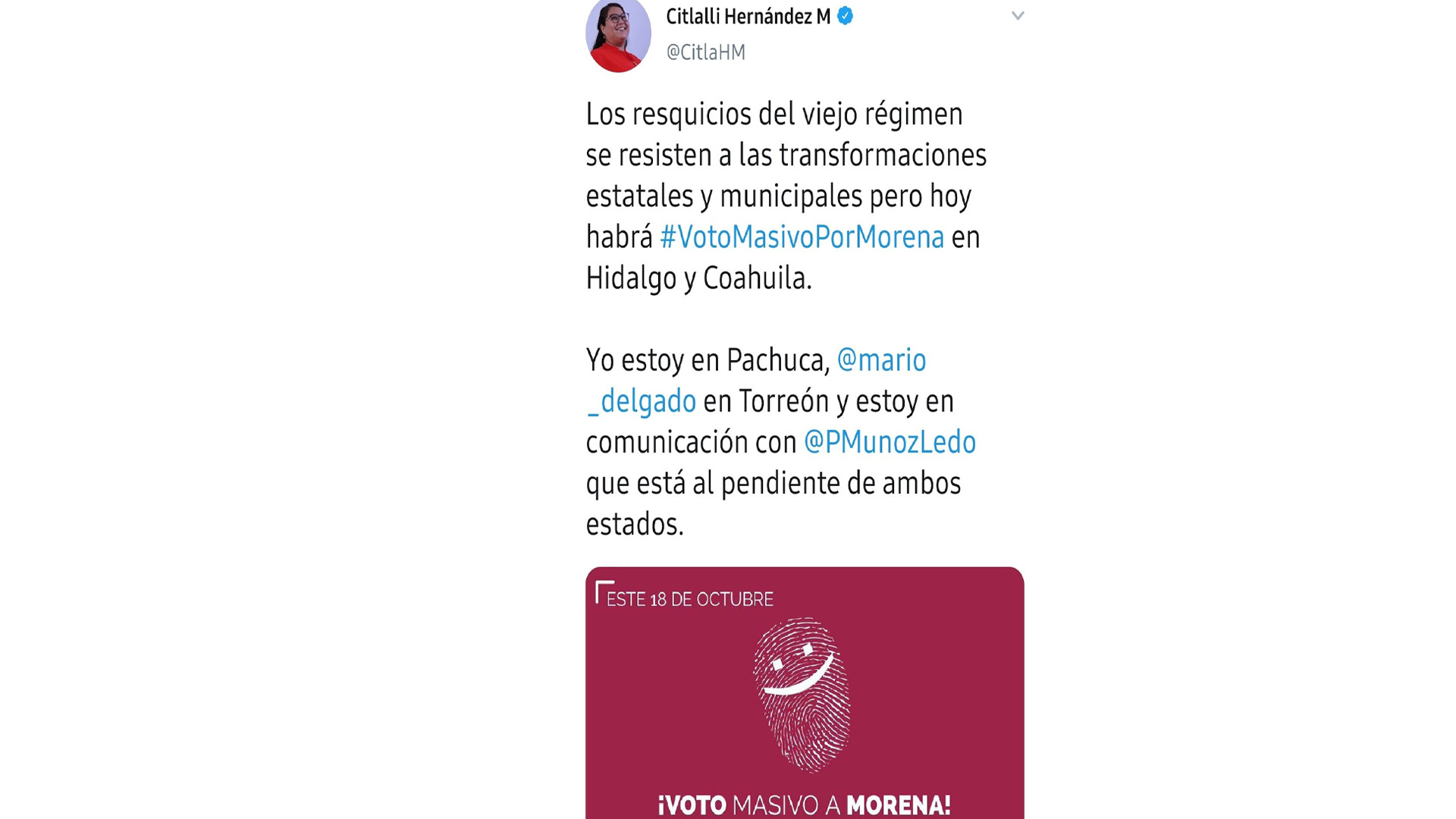 Citlalli Hernández llama al voto masivo a favor de Morena en Hidalgo y Coahuila; consejero del INE la acusa de violar ley electoral - citlalli