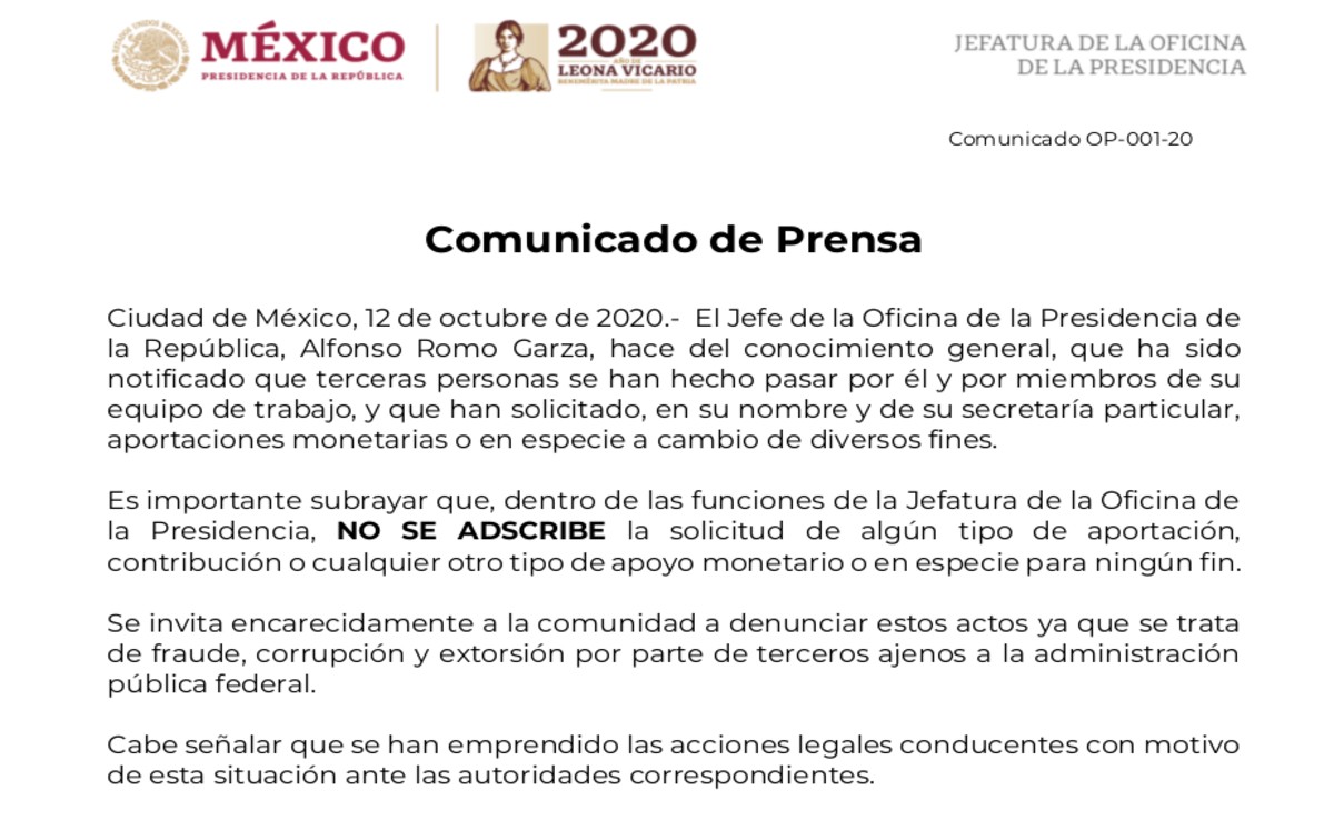 Alfonso Romo denuncia que terceras personas piden dinero a nombre de la Presidencia - comunicado-alfonso-romo