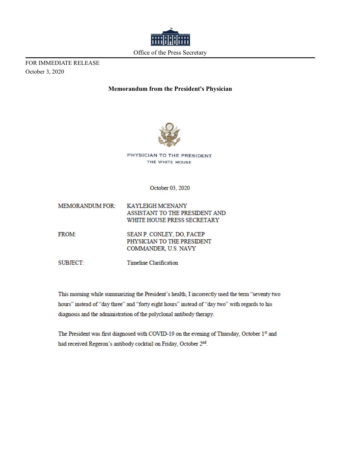 Médico de Trump utilizó incorrectamente términos "72 y 48 horas" al dar parte de salud del mandatario - medico-trump-aclaracion