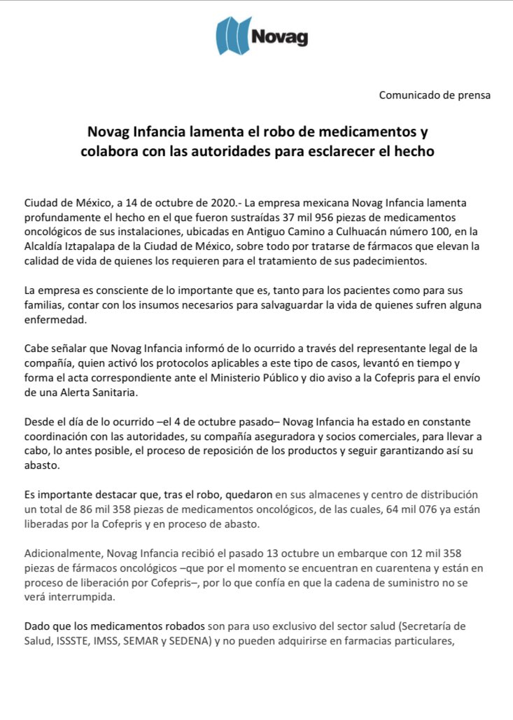 Novag lamenta robo de medicamentos oncológicos; garantiza abasto de fármacos - novag-comunicado-medicamentos-oncologicos-1