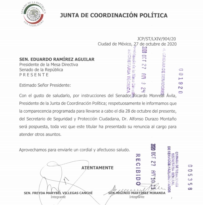 Senado confirma renuncia de Alfonso Durazo; "posponen" comparecencia - renuncia-durazo