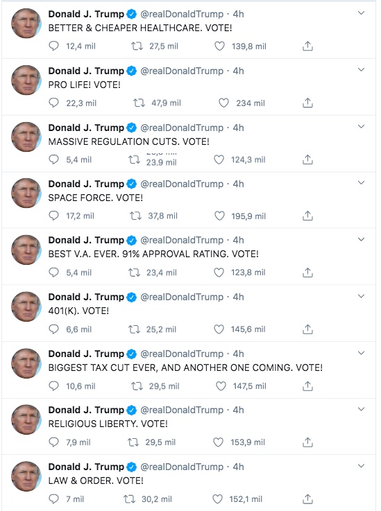 Desde el hospital, Donald Trump llama, a través de Twitter, a estadounidenses a votar - tuits-donald-trump