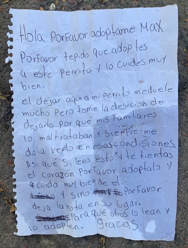 Abandonan a perro en banca de la Ciudad de México; dejan nota para pedir adopción - carta-de-abandono-de-max