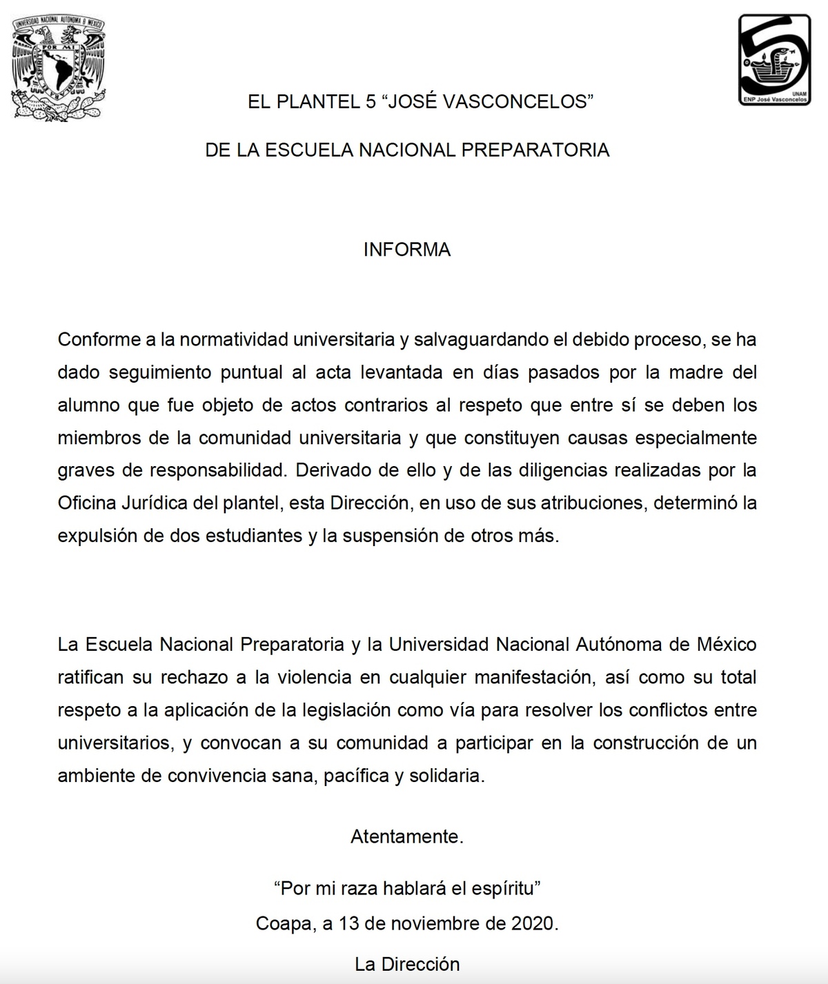 Expulsan a dos alumnos y suspenden a otros dos por broma a compañero en la Prepa 5 - comunicado-prepa-5