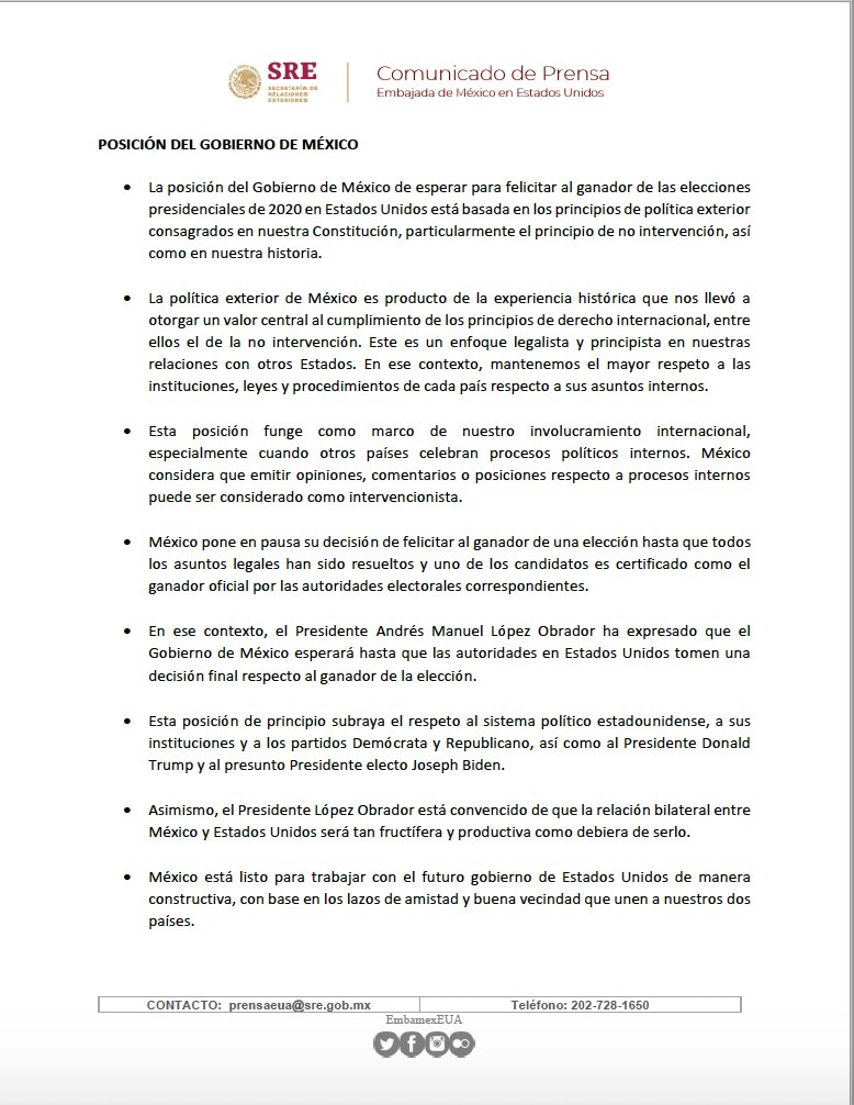 No felicitar a Biden, por principio de política exterior; México, listo para trabajar “con el futuro gobierno de Estados Unidos": Martha Bárcena - comunidado-mexico-estados-unidos-biden