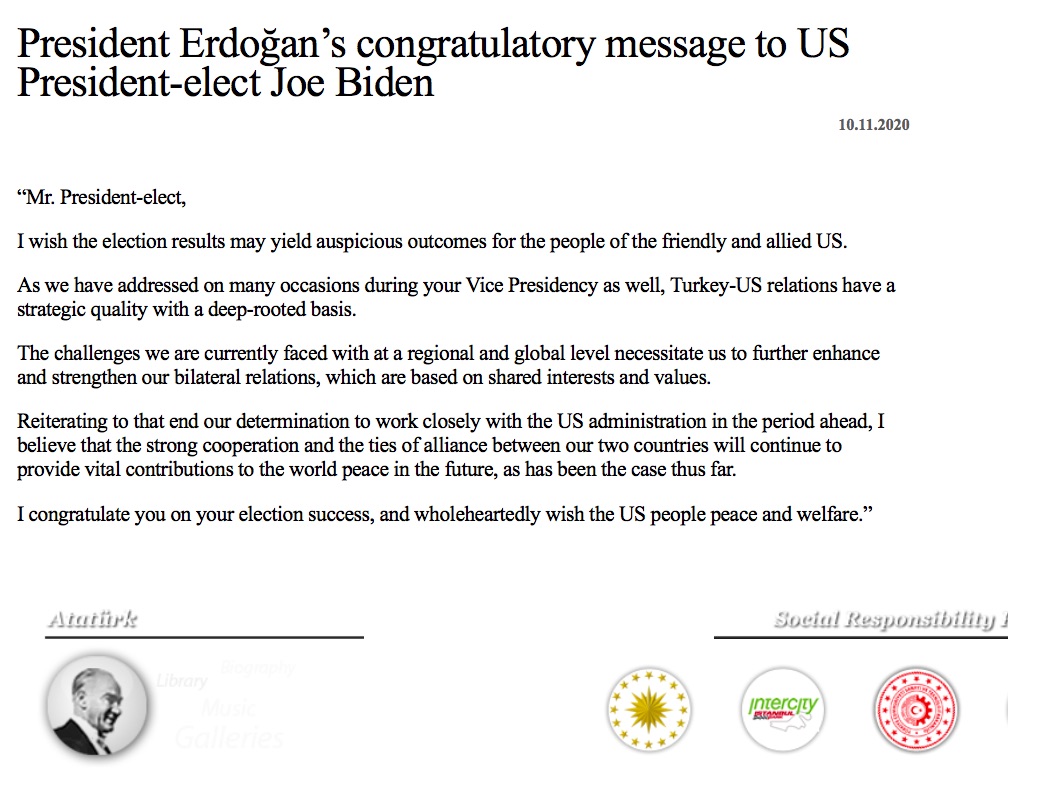 Erdogan felicita a Biden por triunfo en las elecciones; asegura que continuarán contribución a la paz mundial - felicitacion-presidente-erdogan-a-biden