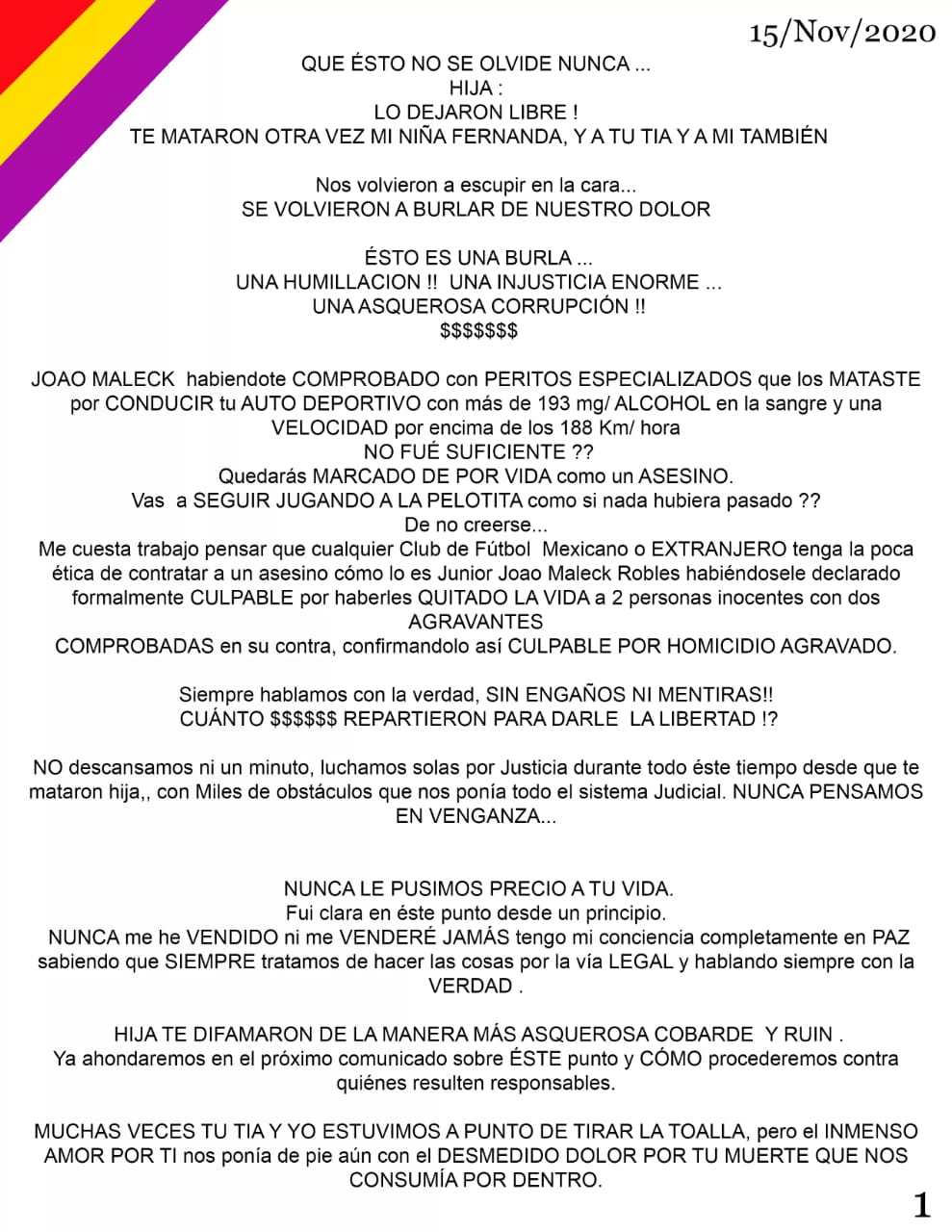 "Quedarás marcado de por vida como un asesino", explota madre de víctima contra Joao Maleck - maleck-carta-1