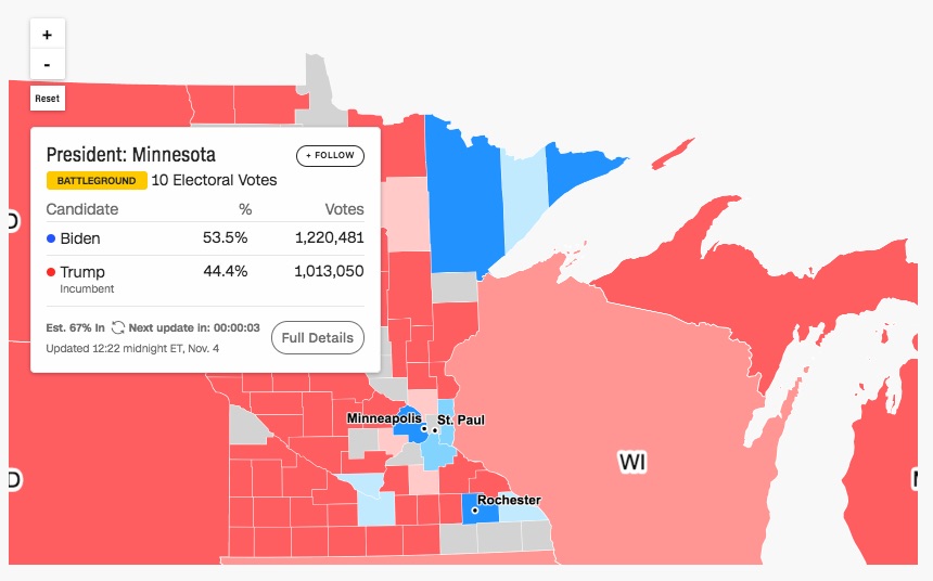 Joe Biden aventaja en Minnesota con 67 por ciento de los votos contabilizados - minnesota