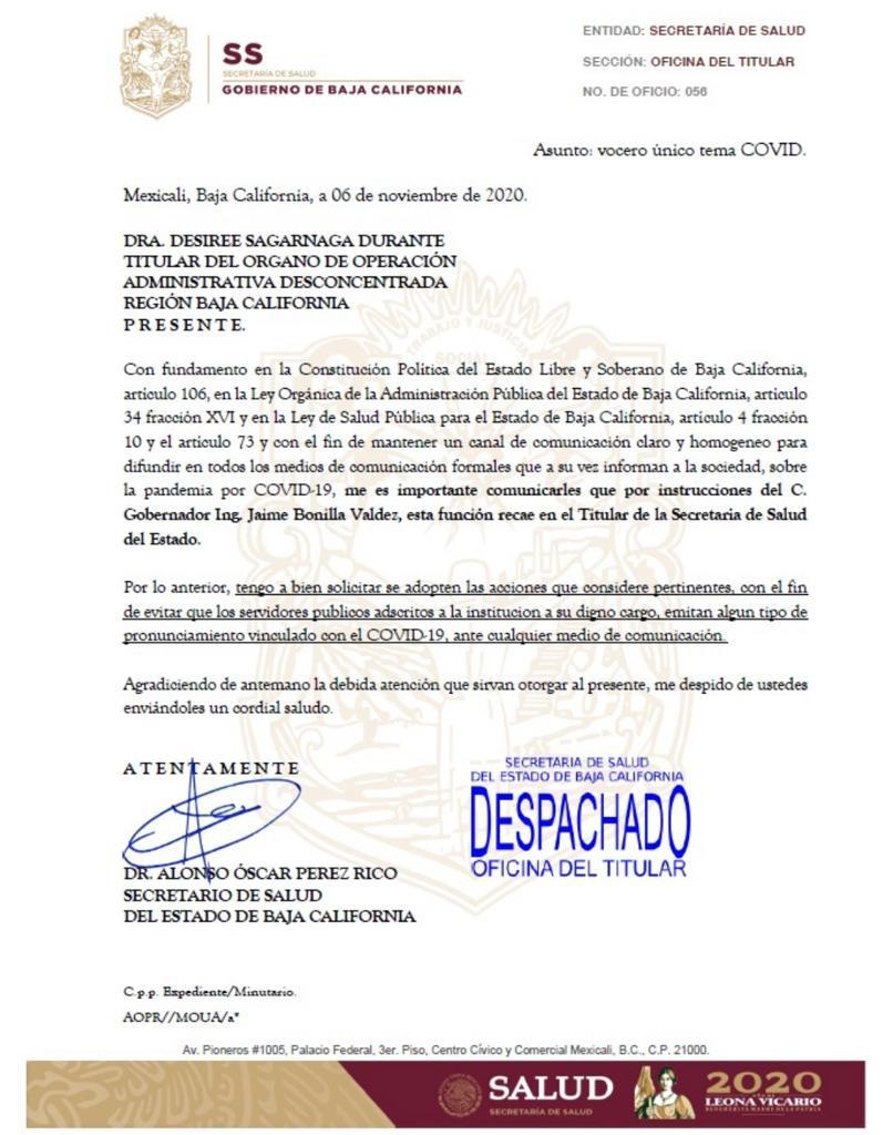 Instruye el gobernador Jaime Bonilla que solo el secretario de Salud informe sobre COVID-19 - oficio-baja-california