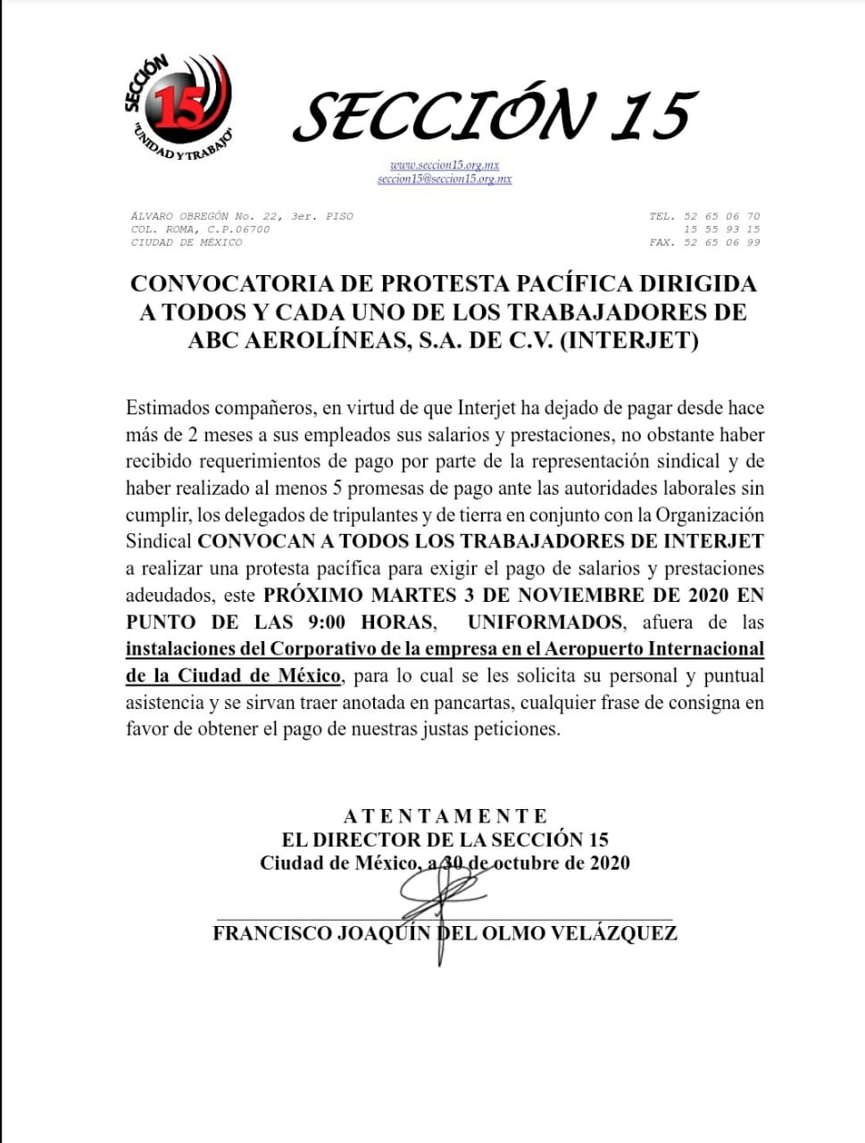 Convoca sindicato a protesta de trabajadores contra Interjet; denuncian falta de pagos - protesta-interjet