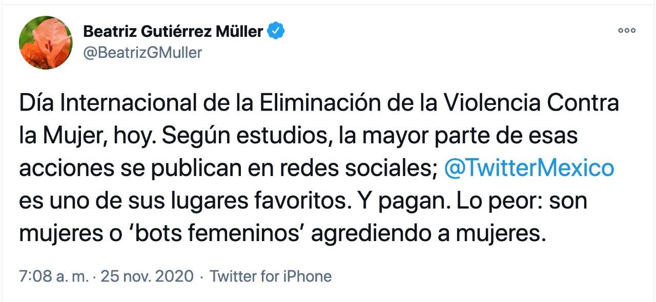 Twitter es uno de los lugares favoritos para agredir a las mujeres, asegura Beatriz Gutiérrez Müller - tuit-beatriz-gutierrez-muller