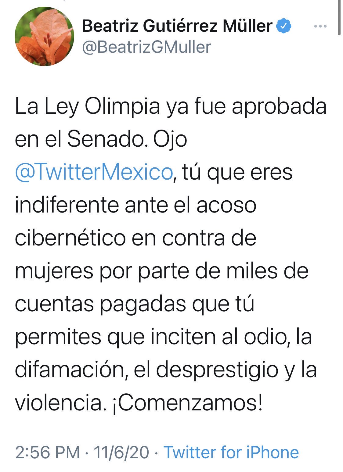 Beatriz Gutiérrez lanza advertencia a Twitter tras aprobación de Ley Olimpia en Senado - tuit-de-beatriz-gutierrez-sobre-ley-olimpia-y-twitter