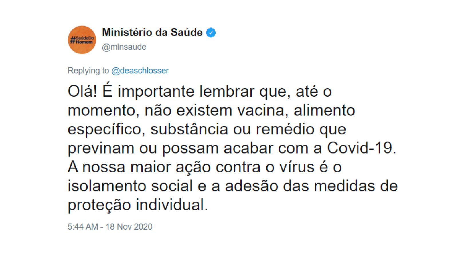 Ministerio de Salud de Brasil recomienda por 'error humano' distanciamiento social ante COVID-19 - tuit-del-ministerio-de-salud-de-brasil-sobre-distanciamiento-social-para-prevenir-el-covid-19