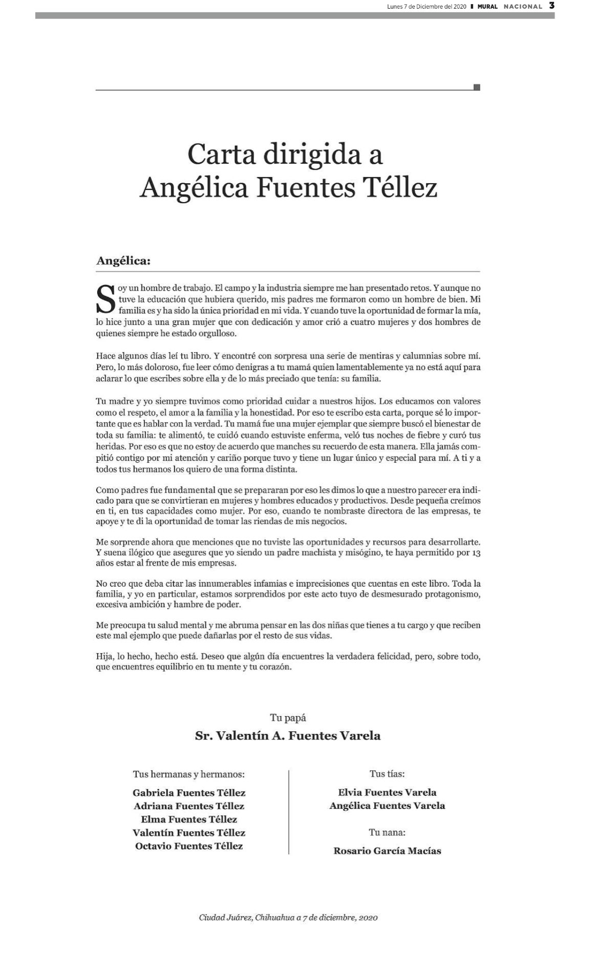 Padre de Angélica Fuentes asegura que hay mentiras y calumnias en nuevo libro de la empresaria - carta-a-angelica-fuentes
