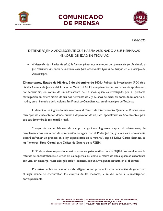 Adolescente en Tecámac asesina a sus dos hermanas, lesiona a su madre y huye; ya fue detenido - comunicado-1566-2020-1-638