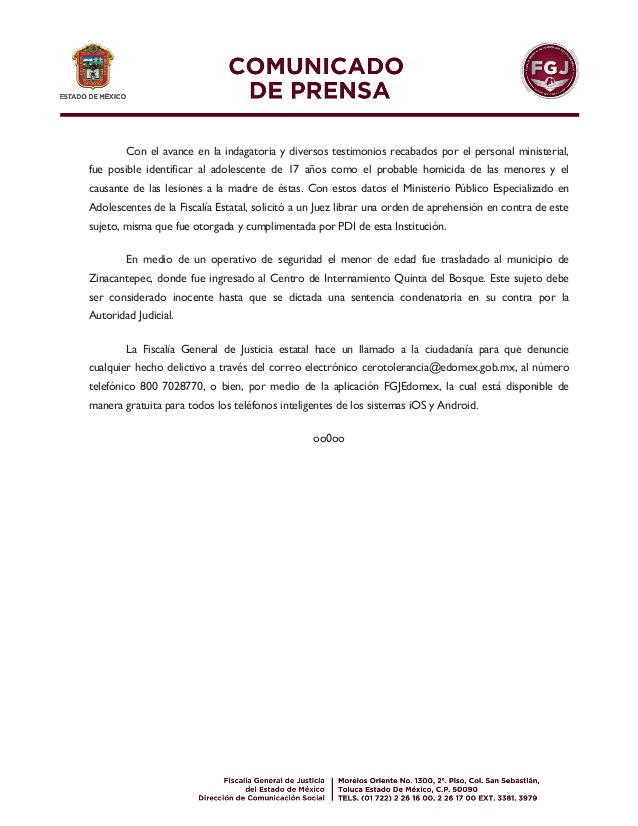 Adolescente en Tecámac asesina a sus dos hermanas, lesiona a su madre y huye; ya fue detenido - comunicado-1566-2020-2-638