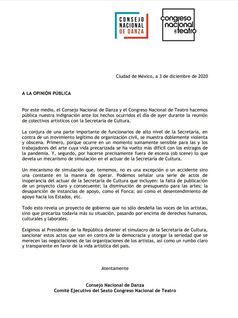 Gobierno de México desdeña a artistas y precariza aun más su situación, acusan consejos de Danza y Teatro - comunicado-cnd-y-cnt-sobre-desactivacion-de-colectivos