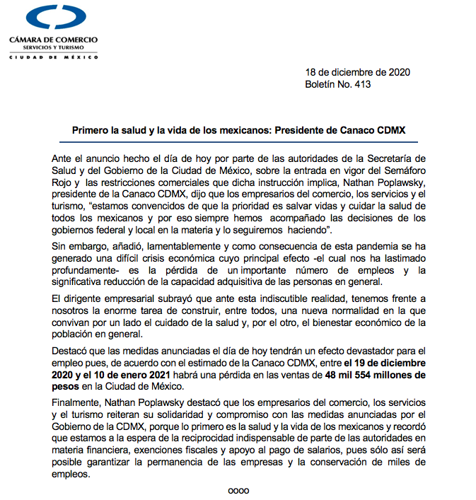 Prevé Canaco pérdidas por 48 mil mdp en CDMX por regreso a Semáforo Rojo - comunicado-de-canaco-sobre-semaforo-rojo-en-cdmx