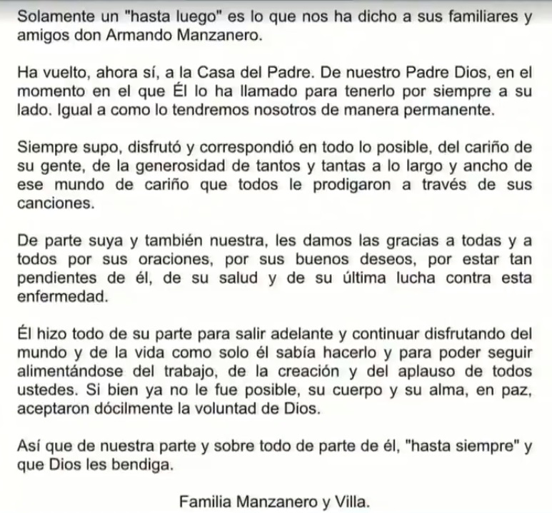 "Hizo todo de su parte para salir adelante", afirma familia de Armando Manzanero - comunicado-de-la-familia-de-armando-manzanero
