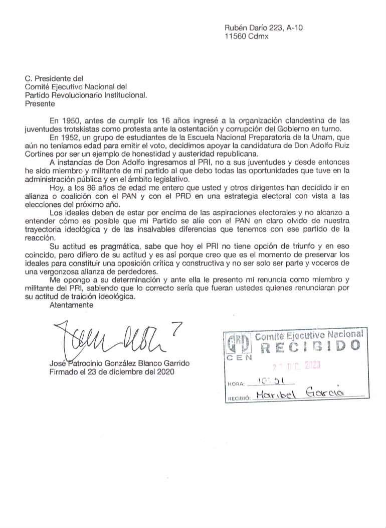 Renuncia al PRI José Patrocinio González, exgobernador de Chiapas, tras oponerse a alianza con el PAN y PRD - renuncia