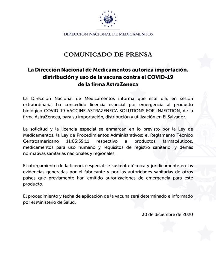El Salvador autoriza uso de vacuna de AstraZeneca contra COVID-19 - salvador