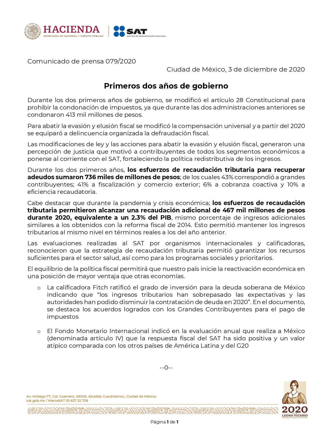 Recaudación tributaria recupera 736 mil mdp en dos años de gobierno: SAT - sat