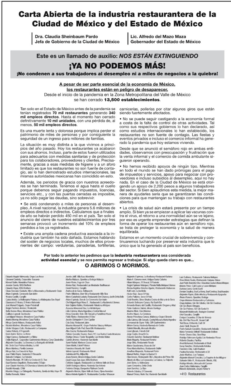"¡Ya no podemos más!", afirma industria restaurantera por Semáforo Rojo ante COVID-19 - carta-abierta-de-la-industria-restaurantera-en-zmvm