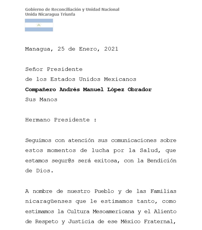 "Hacemos llegar nuestras oraciones por su pronta mejoría y recuperación": Daniel Ortega envía mensaje a López Obrador - carta-amlo-nicaragua2