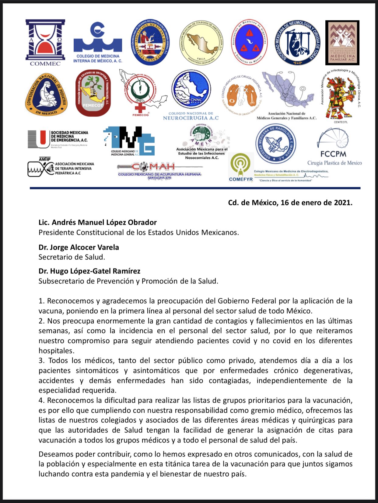 Asociaciones médicas facilitan al Gobierno listas de médicos privados para vacunación contra COVID-19 - carta-asociaciones-medicas-a-gobierno-federal