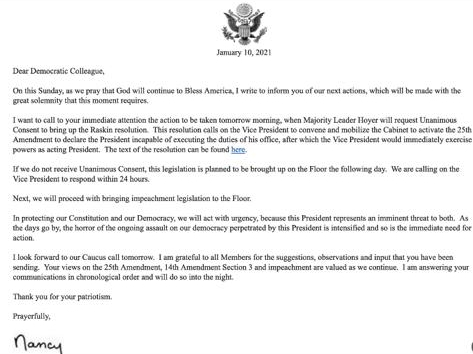 Cámara de Representantes de EE.UU. procederá con destitución de Trump - carta-pelosi-camara-representantes
