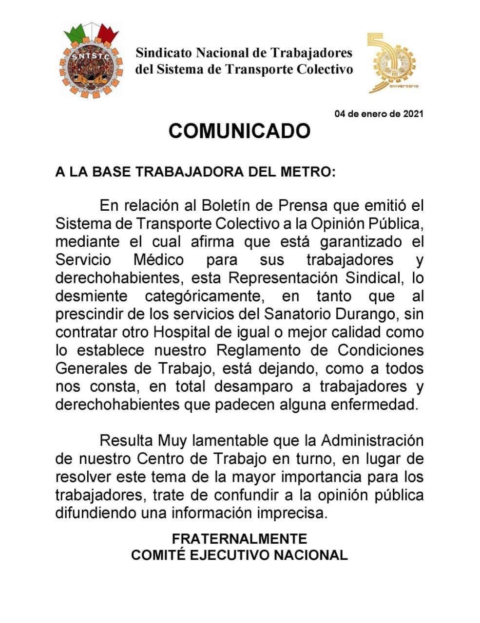 Denuncia Sindicato falta de servicio médico para trabajadores del Metro CDMX - comunicado-sntstc