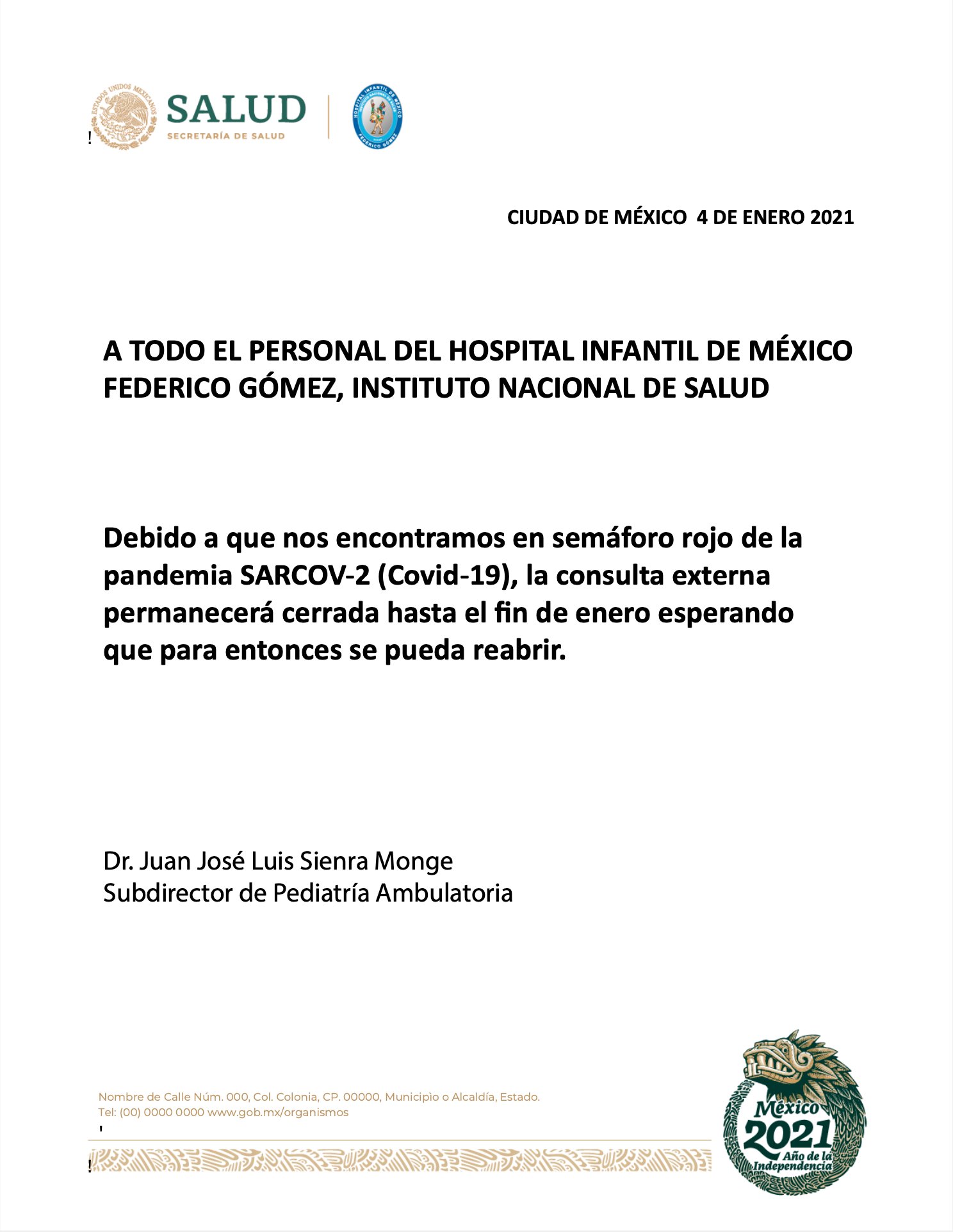 Hospital Infantil de México, Federico Gómez, suspende consulta externa; atenderá a pacientes de COVID-19 - hospital-infantil-de-mexico