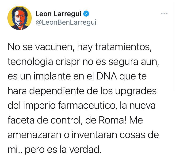 Eliminan cuenta de Twitter de León Larregui tras incitar a la población a no vacunarse contra el COVID-19 - leon-larregui-cuenta-de-tw