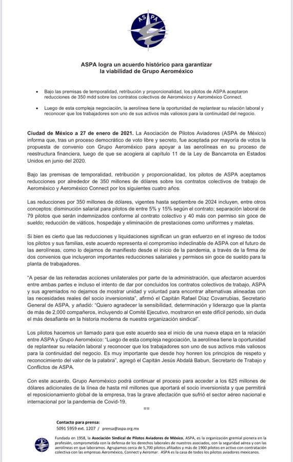 ASPA logra acuerdo para garantizar la viabilidad de Aeroméxico - pilotos